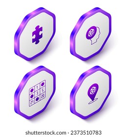 Set Isometric Puzzle pieces toy, Game dice, Bingo card and  icon. Purple hexagon button. Vector