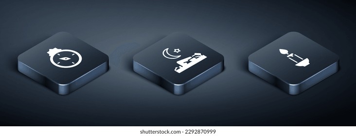 Set Isometric Qibla, Burning candle and Muslim man prays icon. Vector