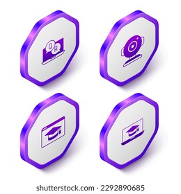 Set Isometric Question and Answer, Web camera, Online education and Graduation cap laptop icon. Purple hexagon button. Vector