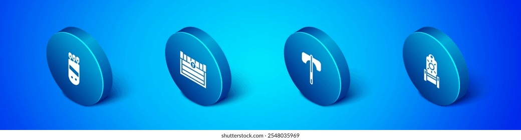 Conjunto de carcaj isométrico con flechas, hacha medieval, trono e icono de cofre del tesoro antiguo. Vector
