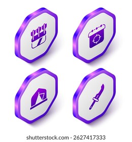 Definir Quiver Isométrico com setas, Esporte alvo, tenda turística e ícone de faca Hunter. Botão hexágono roxo. Vetor