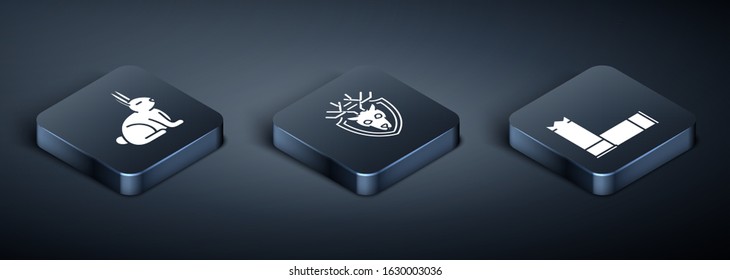 Set Isometric Rabbit, Cartridges and Deer head with antlers on shield icon. Vector