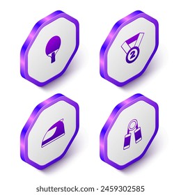 Set Isometric Racket, Medal, Racing helmet and Sport expander icon. Purple hexagon button. Vector