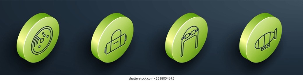 Establecer radar isométrico con objetivos en el monitor, maleta, sombrero de aviador con gafas e icono de dirigible. Vector