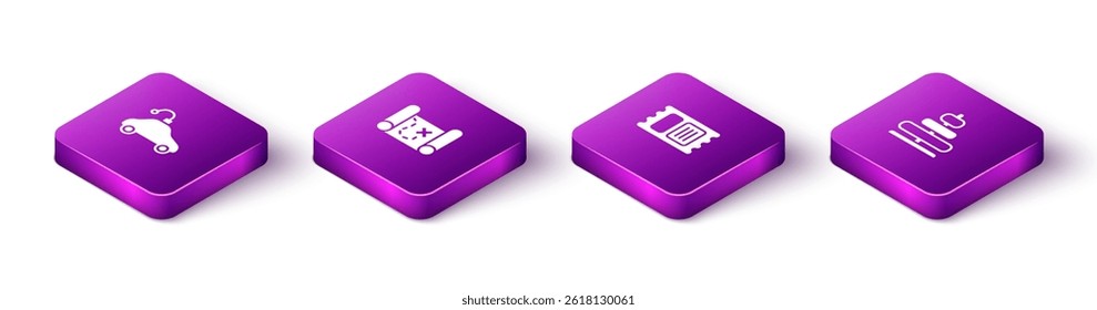 Set Isometric Radio controlled car toy, Pirate treasure map, Circus ticket and Pyramid icon. Vector