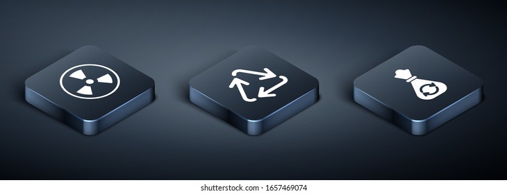 Set Isometric Radioactive, Garbage bag with recycle and Recycle symbol icon. Vector