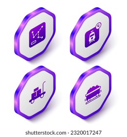 Set Isometric Railway map, Online ticket booking, Trolley suitcase and Coal train wagon icon. Purple hexagon button. Vector