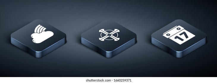 Set Isometric Rainbow with cloud, Saint Patrick's day with calendar and Celtic cross icon. Vector