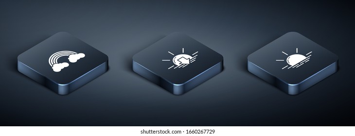 Set Isometric Rainbow with clouds, Sunrise and Sunset icon. Vector