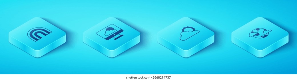 Conjunto de arco iris isométrico, pronóstico de Clima, planeta con nubes e ícono de sol y Clima. Vector