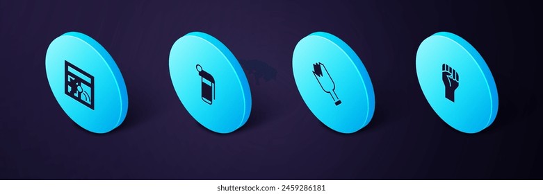 Set Isometric Raised hand with clenched fist, Broken bottle as weapon, Hand grenade and window icon. Vector