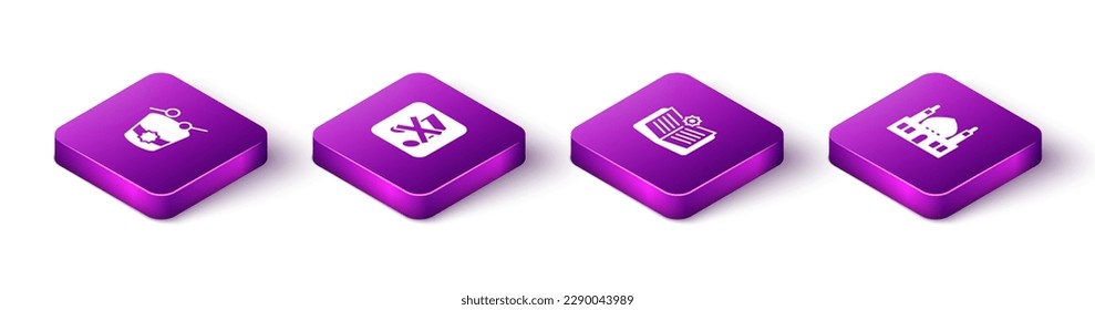Set Isometric Ramadan drum, Speaker mute, Holy book of Koran and Muslim Mosque icon. Vector