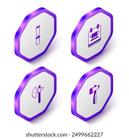 Set Isometric Rasp metal file, Blacksmith anvil tool, Medieval axe and Hammer icon. Purple hexagon button. Vector
