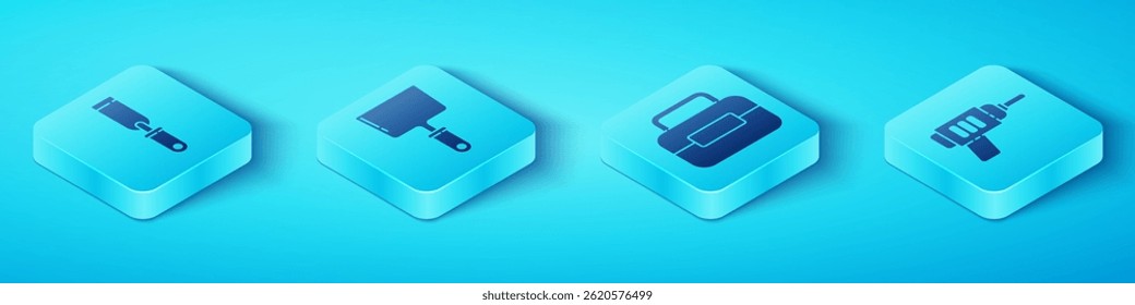 Set Isometric Rasp metal file, Putty knife, Electric drill machine and Toolbox icon. Vector
