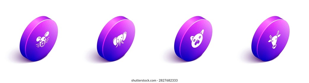 Set Isometric Rat head, Elephant, Cat and Cow icon. Vector