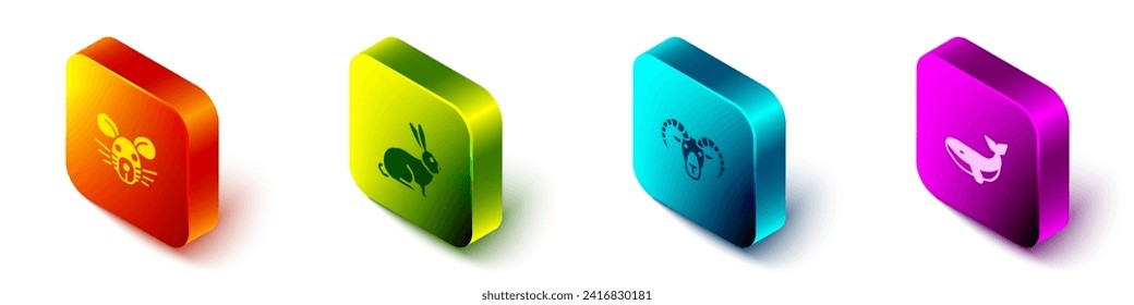 Set Isometric Rat head, Rabbit, Head of goat or ram and Whale icon. Vector