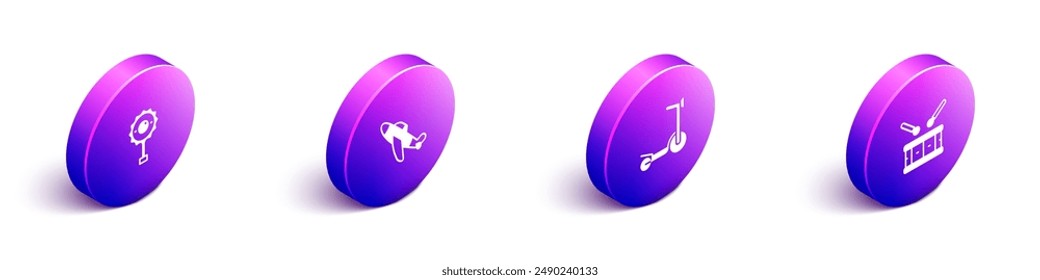 Set Isometric Rattle baby toy, Toy plane, Roller scooter and Drum with drum sticks icon. Vector