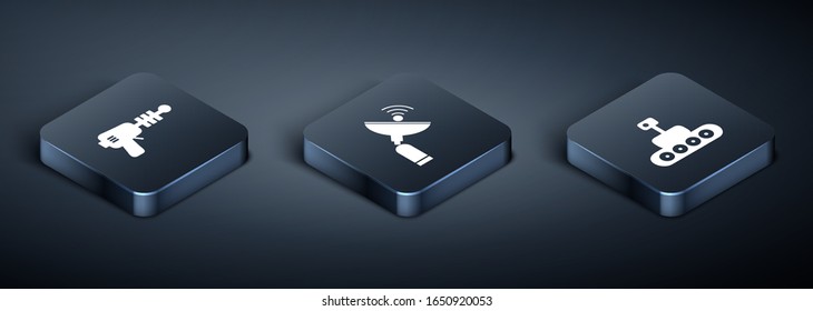 Set Isometric Ray gun, Mars rover and Radar icon. Vector
