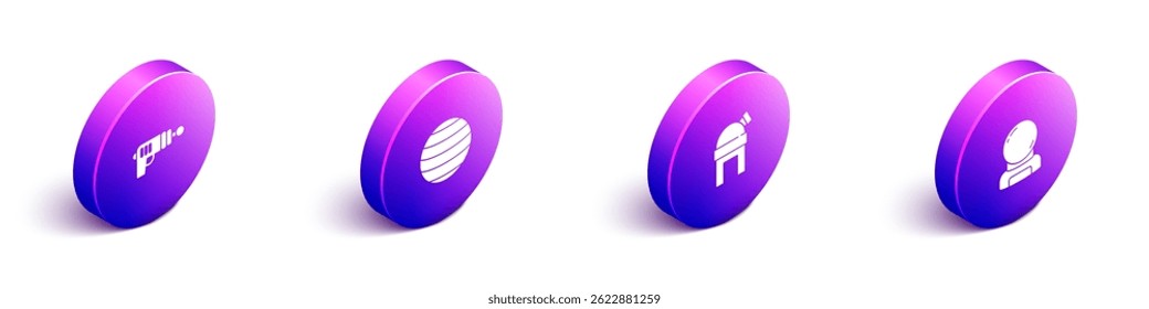 Set Isometric Ray gun, Planet Venus, Astronomical observatory and Astronaut helmet icon. Vector
