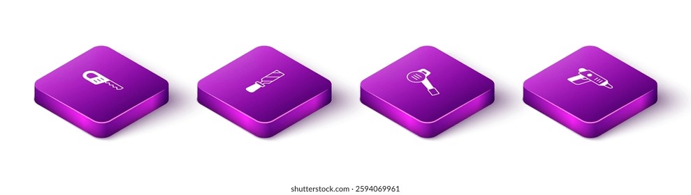 Set Isometric Reciprocating saw, Rasp metal file, Leaf garden blower and Electric cordless screwdriver icon. Vector