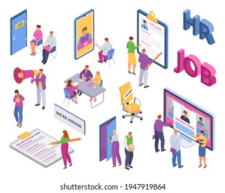 Set, isometric recruiting vector illustration. Management professional company, employer posts vacancies for employees. Hiring agency