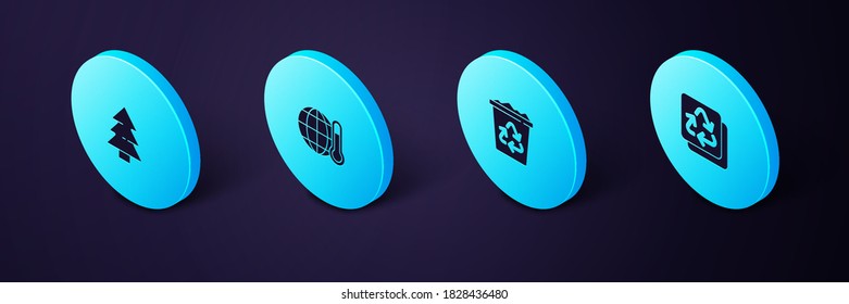 Set Isometric Recycle, bin with recycle, Global warming and Christmas tree icon. Vector.