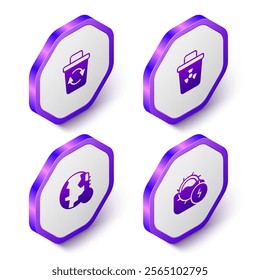 Set Isometric Recycle bin, Infectious waste, Earth melting to global warming and Water mill icon. Purple hexagon button. Vector