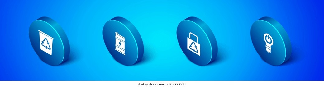 Set Isometric Recycle bin with recycle, Paper bag, Light bulb lightning and Bio fuel barrel icon. Vector
