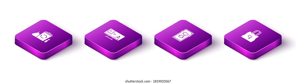 Set Isometric Recycle bin with recycle, Stop plastic pollution, Megaphone mobile and Shopping bag icon. Vector.