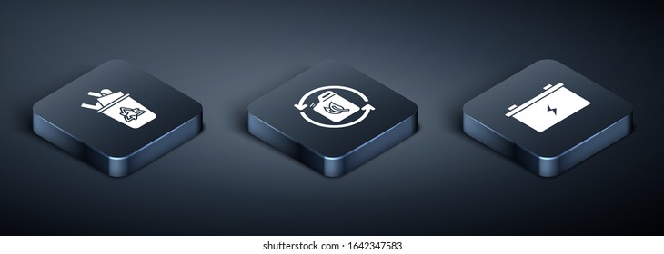 Set Isometric Recycle bin with recycle symbol, Car battery and Bio fuel canister icon. Vector