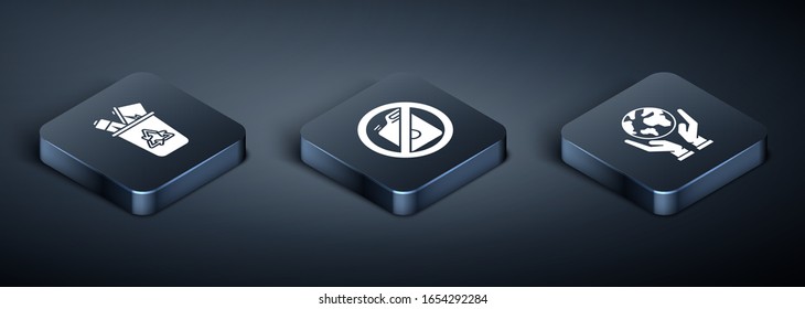 Set Isometric Recycle bin with recycle symbol, Human hands holding Earth globe and No canister for gasoline icon. Vector