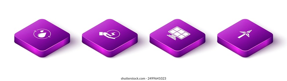 Set Isometric Recycle clean aqua, Lightning bolt, Solar energy panel and Wind turbine icon. Vector