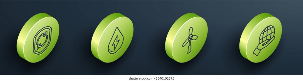 Set Isometric Recycle symbol inside shield, Water energy, Wind turbine and Hand holding Earth globe icon. Vector
