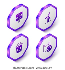 Set Isometric Recycle symbol, Wind turbine,  and Shopping bag with recycle icon. Purple hexagon button. Vector