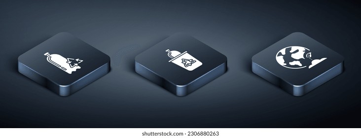 Set Isometric Recycling plastic bottle, Earth globe and plant and Recycle bin with recycle symbol icon. Vector