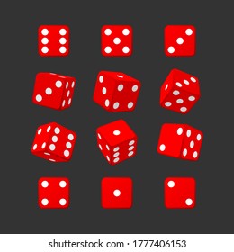 Juego de dados de casino rojo isométrico sobre fondo negro. Ilustración vectorial de cubos rojos