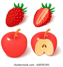 Set of isometric red fruits, whole and sliced, isolated on white background. Red apple and strawberries.