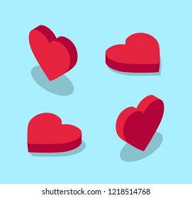 Set of isometric red heart icons