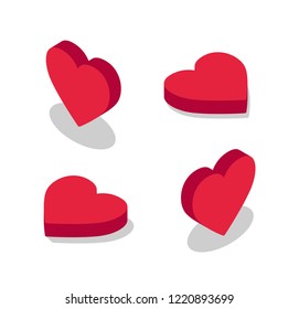 Set of isometric red heart icons isolated on white background. - Vector