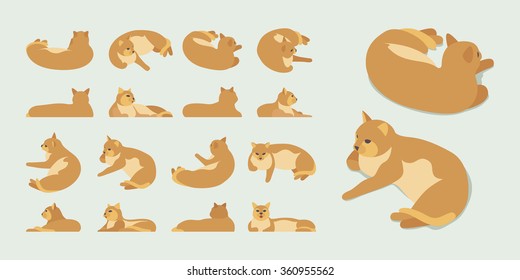 Set of the isometric red lying cats. The objects are isolated against the pale-green background and shown from different sides