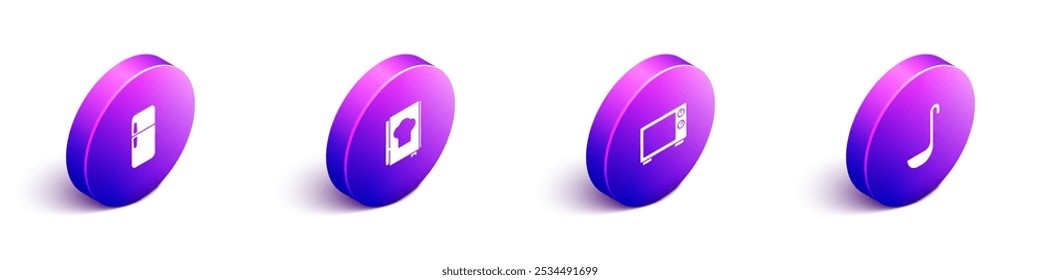Conjunto de refrigerador isométrico, libro de cocina, horno de microondas y cucharón de cocina icono. Vector