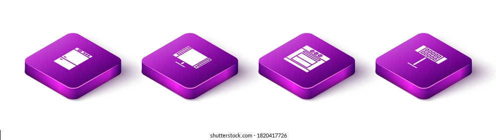 Set Isometric Refrigerator, Smart Tv, Oven and Electric heater icon. Vector.