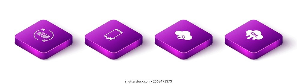 Set Isometric Refund money, Flight mode in the mobile, Music streaming service and Methane emissions reduction icon. Vector