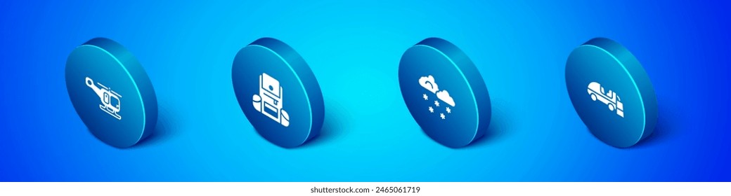 Set Isometric Rescue helicopter, Cloud with snow, Ice resurfacer and Hiking backpack icon. Vector