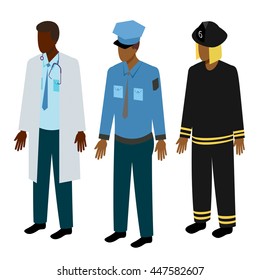 Set of isometric rescuers. Black doctor, fireman and policeman vector illustration