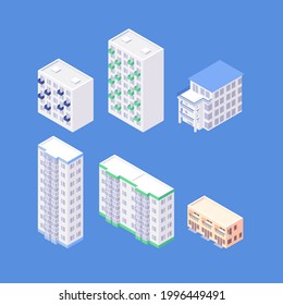 Set Of Isometric Residential Area Objects. Organic Flat Apartment Houses Collection. 