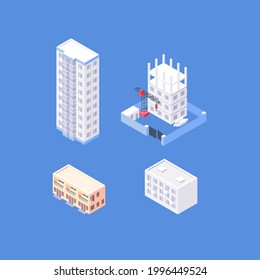 Set of isometric residential area objects. Organic flat city buildings collection. Apartment houses, high-rise condo, construction site