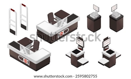 Set of isometric retail checkout equipment. Collection with cashier stations, computers and chairs, self-checkout kiosks with screens. Anti theft gate system. Vector illustration isolated on white.