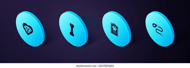 Set Isometric Retractable cord leash, Clinical record pet, Dog bone and Heart with dog icon. Vector
