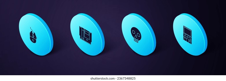 Set Isometric Retro arcade game machine, Skull, Cartridge and Computer mouse gaming icon. Vector